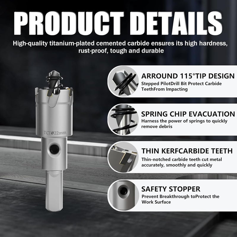 GSTK Heavy Duty Carbide Hole Saw Set, 7/8” (22mm), Extra Deep Cutting Depth of 1.1 Inches (28mm) - Ideal for Stainless Steel, Mild Steel, Iron, Copper, Brass, and Plastic - Image 5
